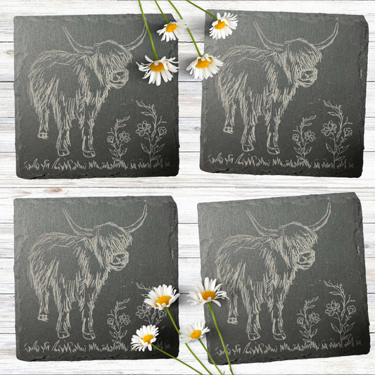 Highland Cow Slate Coasters - Set Of 4 - Design 2